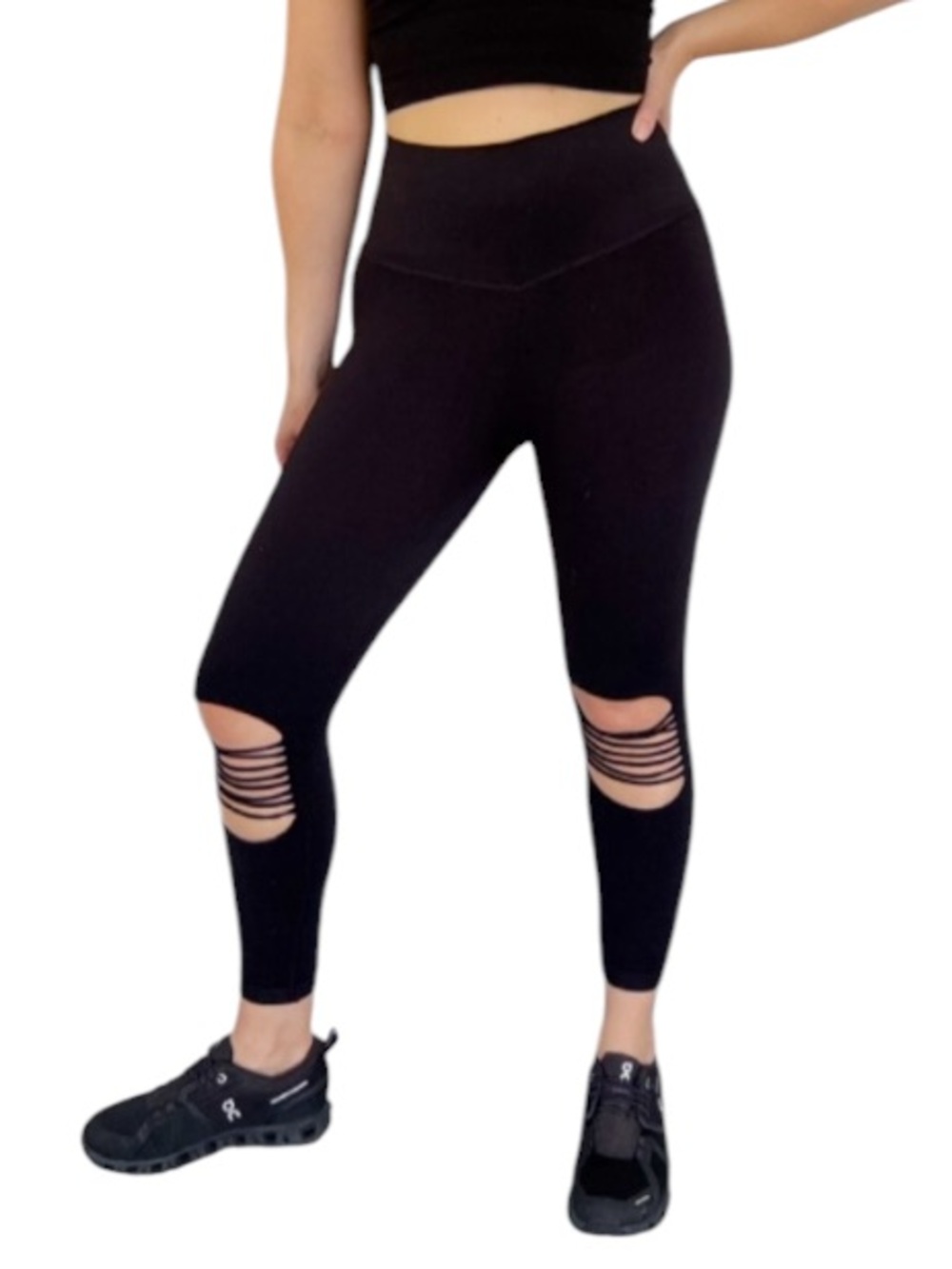Black high rise cut out knee cropped length stretch leggings size small